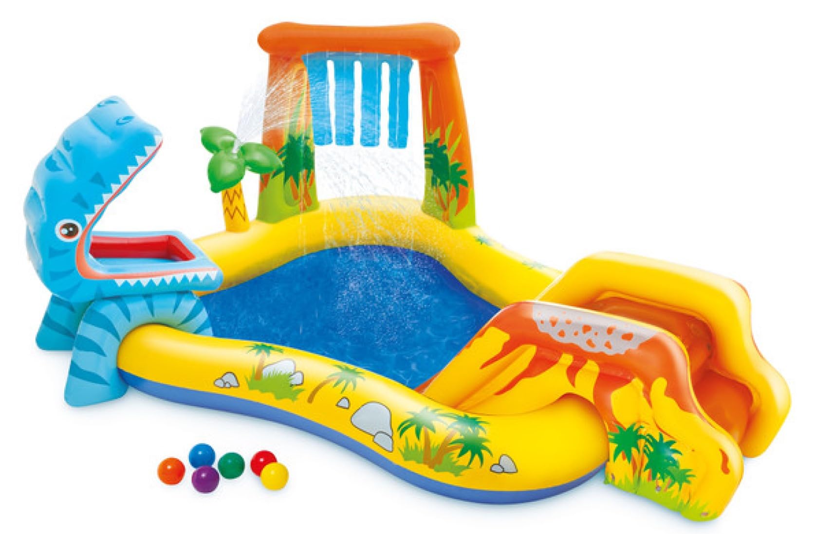 VWretails Little Dino Dinosaur Themed Inflatable Backyard Pool Play Center with Palm Tree Sprayer, Mini Slide, and Inflatable Dinosaur-image-9