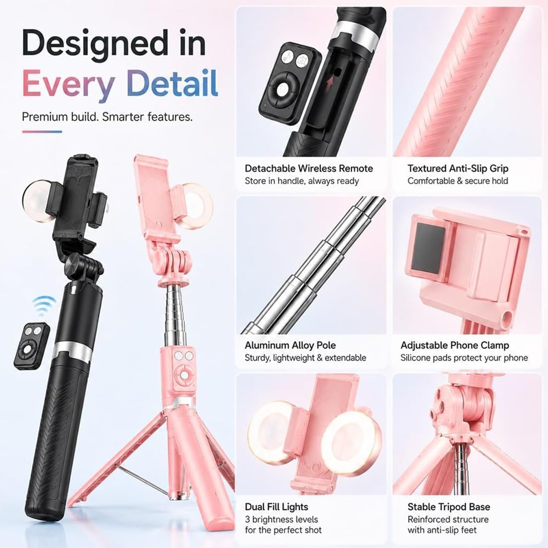 Bastone Selfie Con Luce, Bastone Per Selfie Con Treppiede, Tracciamento Automatico Del Volto E Telecomando, Connessione Wireless Bluetooth, Compatibile Con Diversi Modelli Di Dispositivi (Bianco)