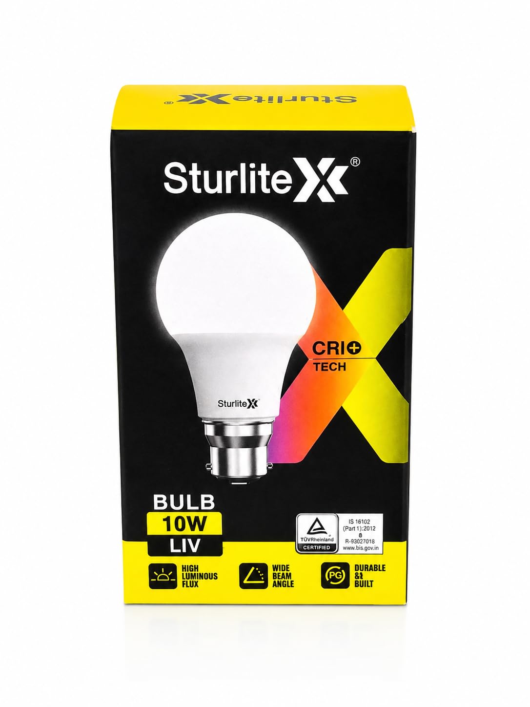 sturlitex 10w liv led bulb with cri+ tech, b22 base | high luminous flux, wide beam angle, durable built, tüv rheinland certified, cri+ technology
