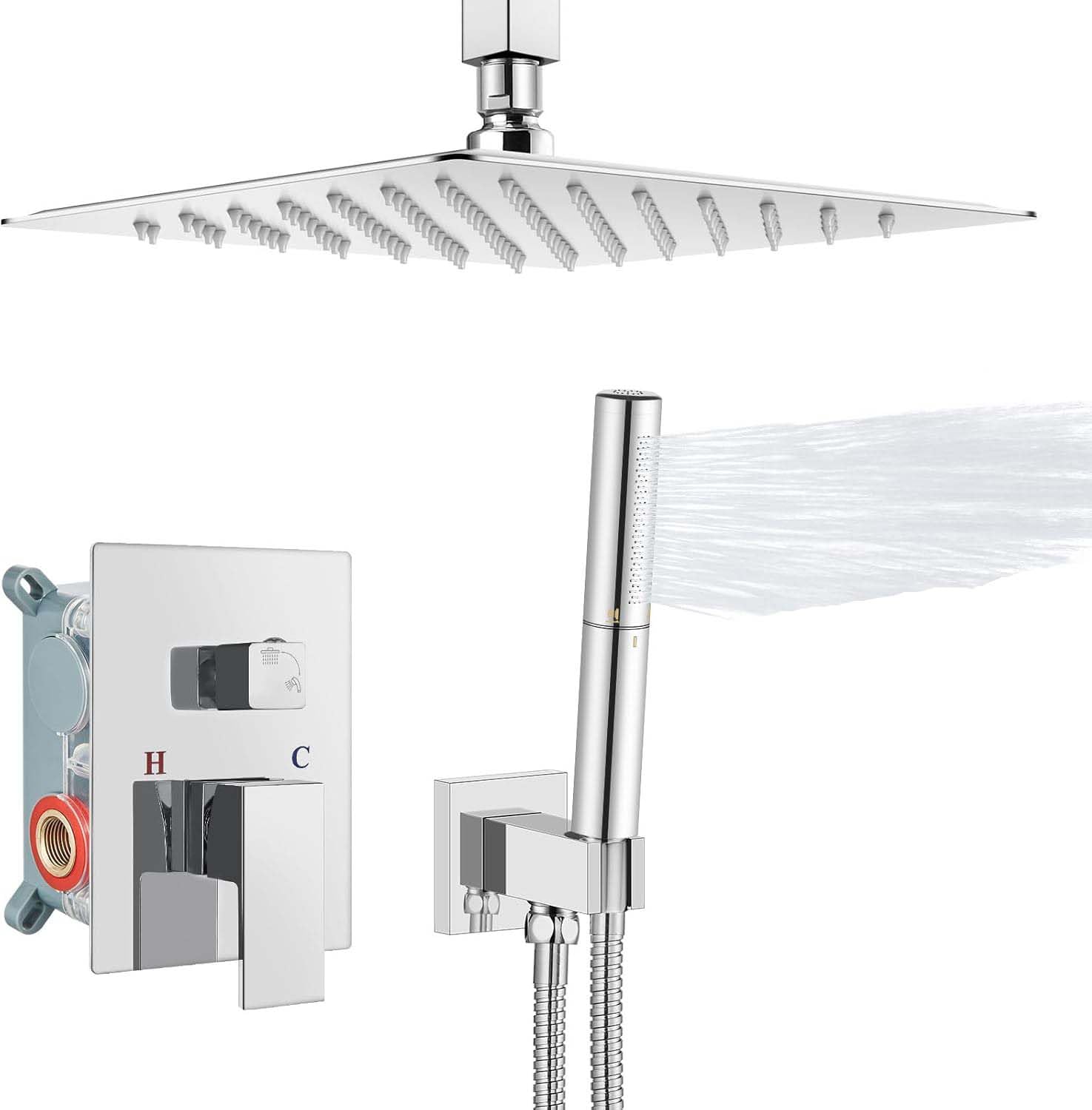 Aolemi Polski chromowany system deszczownicy 25 cm do montażu na suficie kwadratowa głowica prysznicowa zestaw z prysznicem ręcznym 2 w 1, 2 funkcje, mocowanie baterii prysznicowej, szorstka w