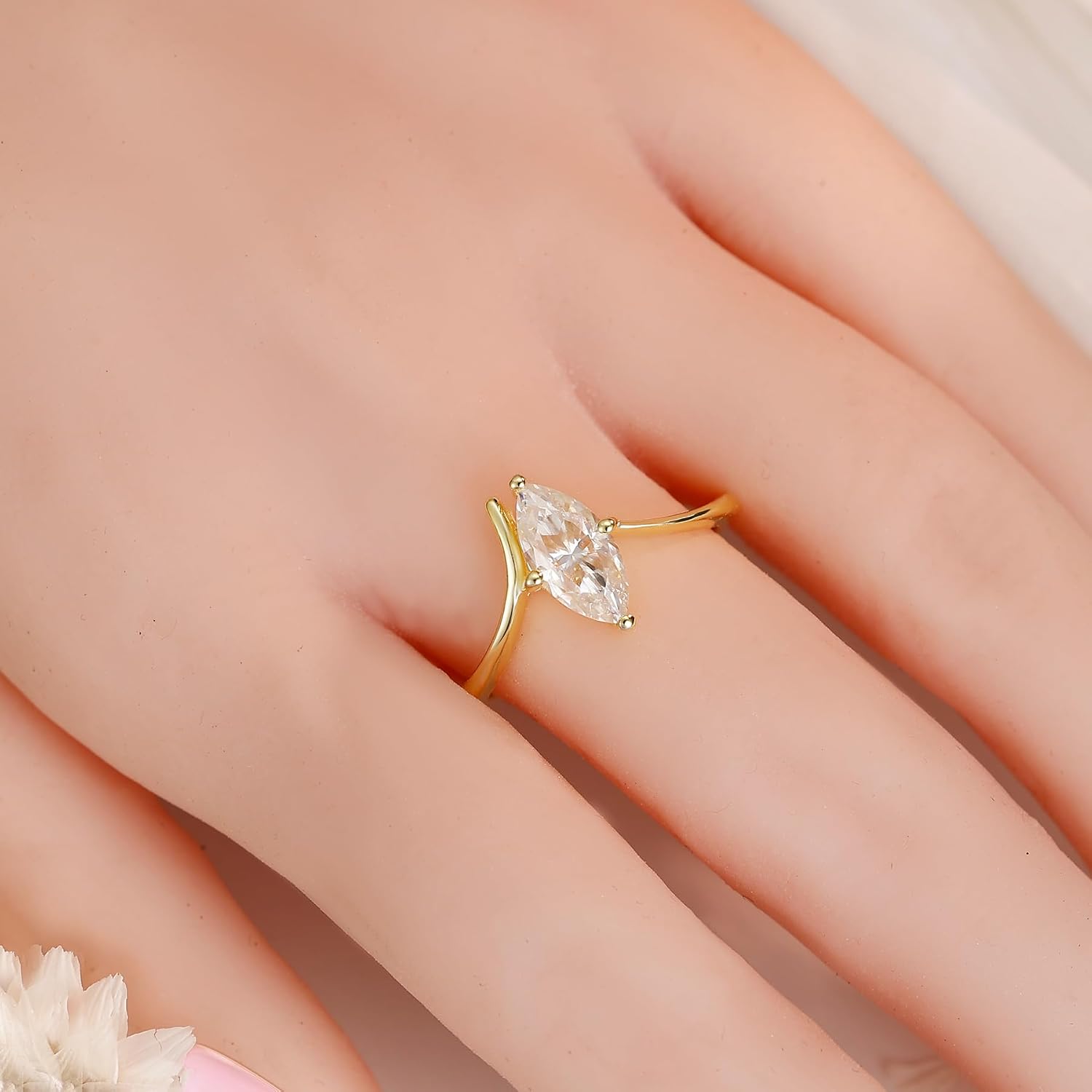 14K Gold Mossanite Ring For Women, Solitaire Marquise Cut Engagement Ring, Sterling S925 Silver Promise Ring For Her, Wave Wedding Ring