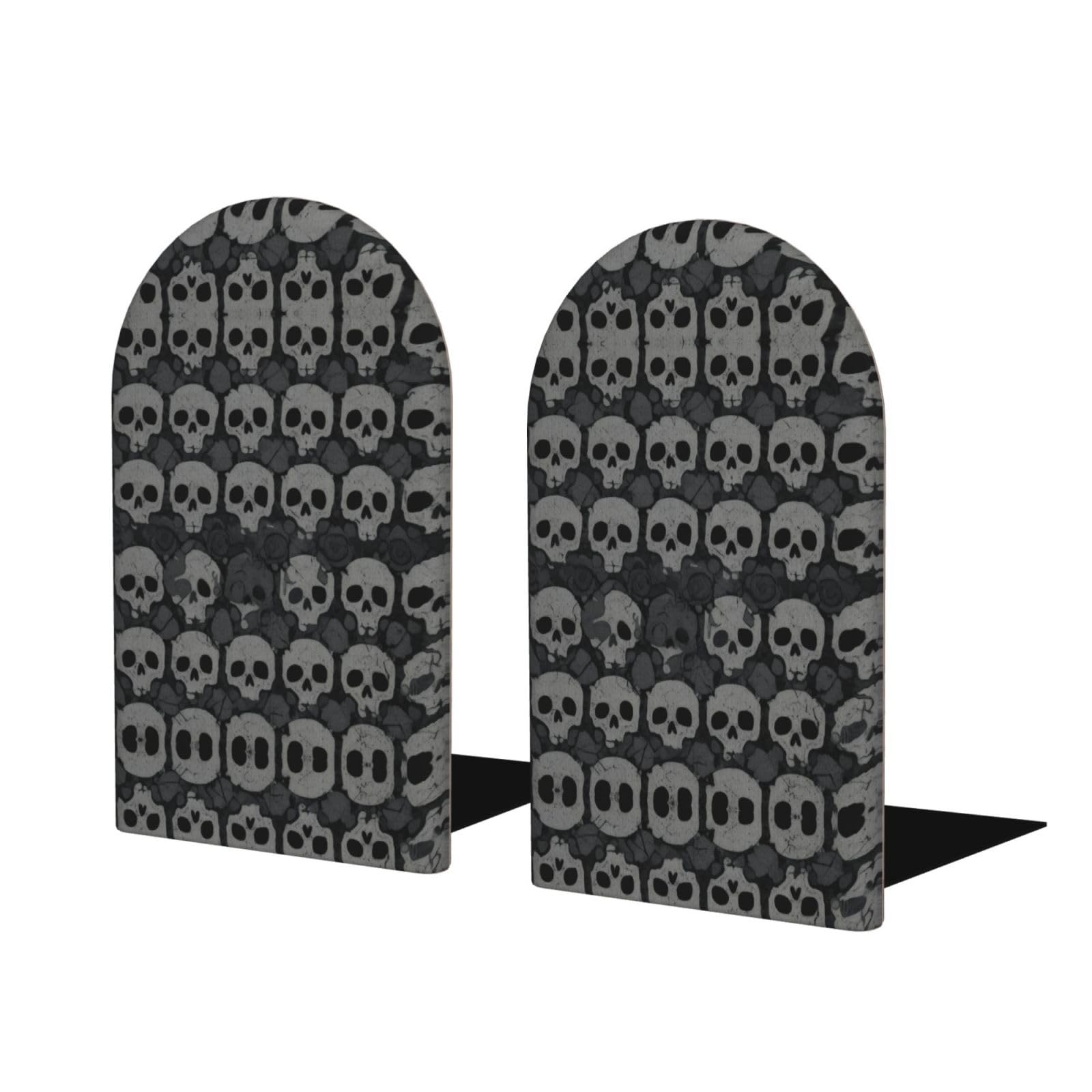 Skull (3) Stylish Bookends with Full-Print Design Durable Wooden and Metal Bookend Set for Home, Office