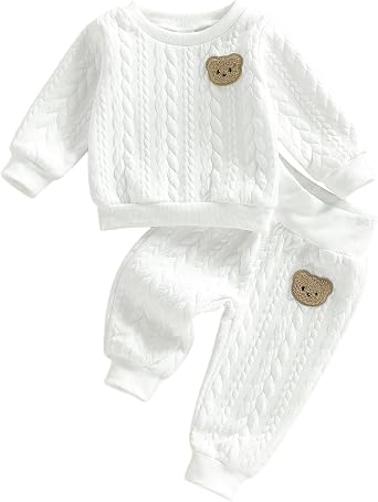 Toddler Baby Boys Fall Winter Clothes Bear Embroidered Long Sleeve Pullover Hoodie Elastic Waist Jogger Pants 2Pcs Tracksuit Outfit