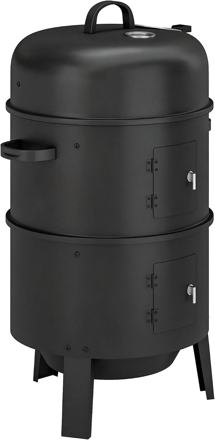 Outsunny 3-in-1 Vertical Charcoal Smoker, 2 Grill Grates, Adjustable Vent | Built-in Thermometer, 2 Doors, Outdoor BBQ Smoker Grill, for Camping, Parties, Picnic