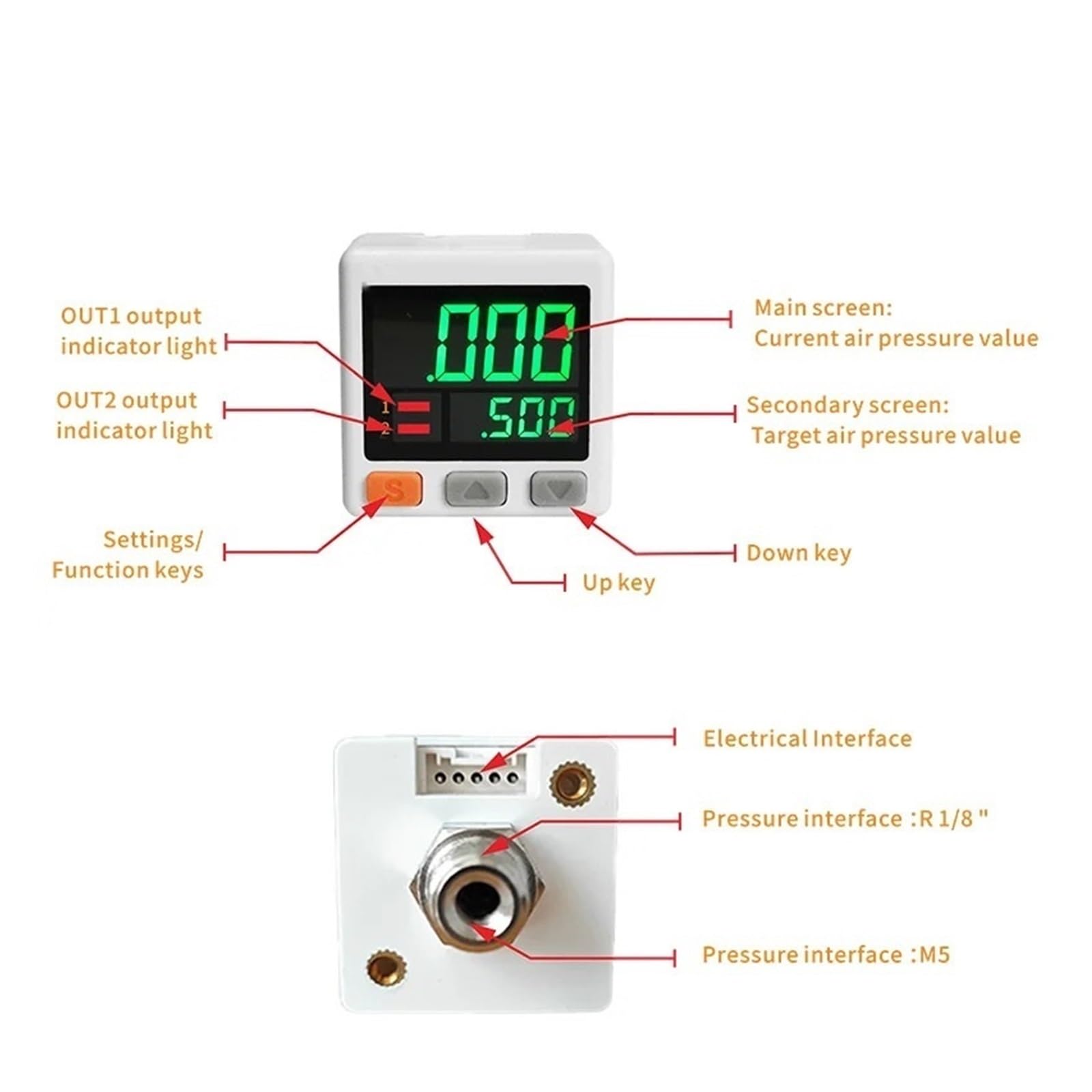 Przełącznik ciśnieniowy z cyfrowym wyświetlaczem ciśnieniowym elektroniczny ciśnieniomierz cyfrowy ciśnieniowy (-101.3-101.3kPA, 1PNP-RS485)
