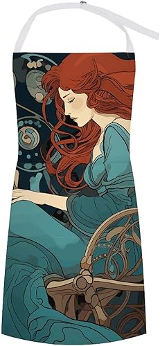 MUSM Apron for Adults - 27.6 X 31.5 Inch, Heavy-Duty Polyester Aprons with Two Large Pockets, Waterproof Red Haired Woman Kitchen Apron for Cooking,