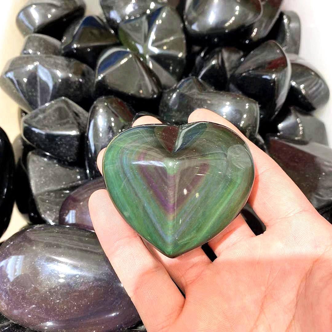 Wholesale Natural Polished Carved Crystal Heart Rainbow Black Obsidian Heart 1pc (100g-150g 1pc)