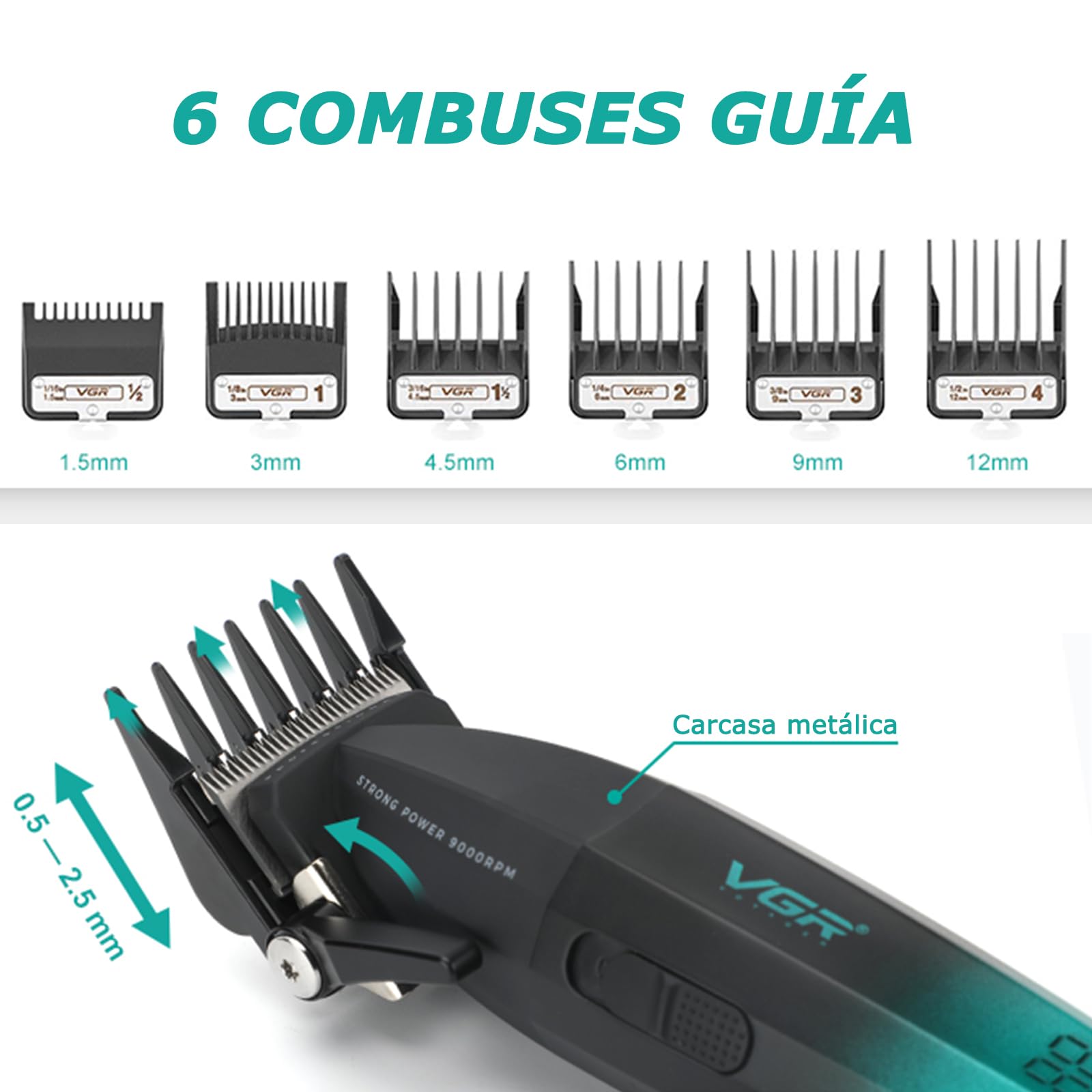 VGR 003 Cortapelos Profesional Inalámbrico, Máquina de Cortar Pelo Hombre, Cuerpo Metálico, Motor 9000 RPM, Cuchillas Cerámicas, LED, USB, Verde