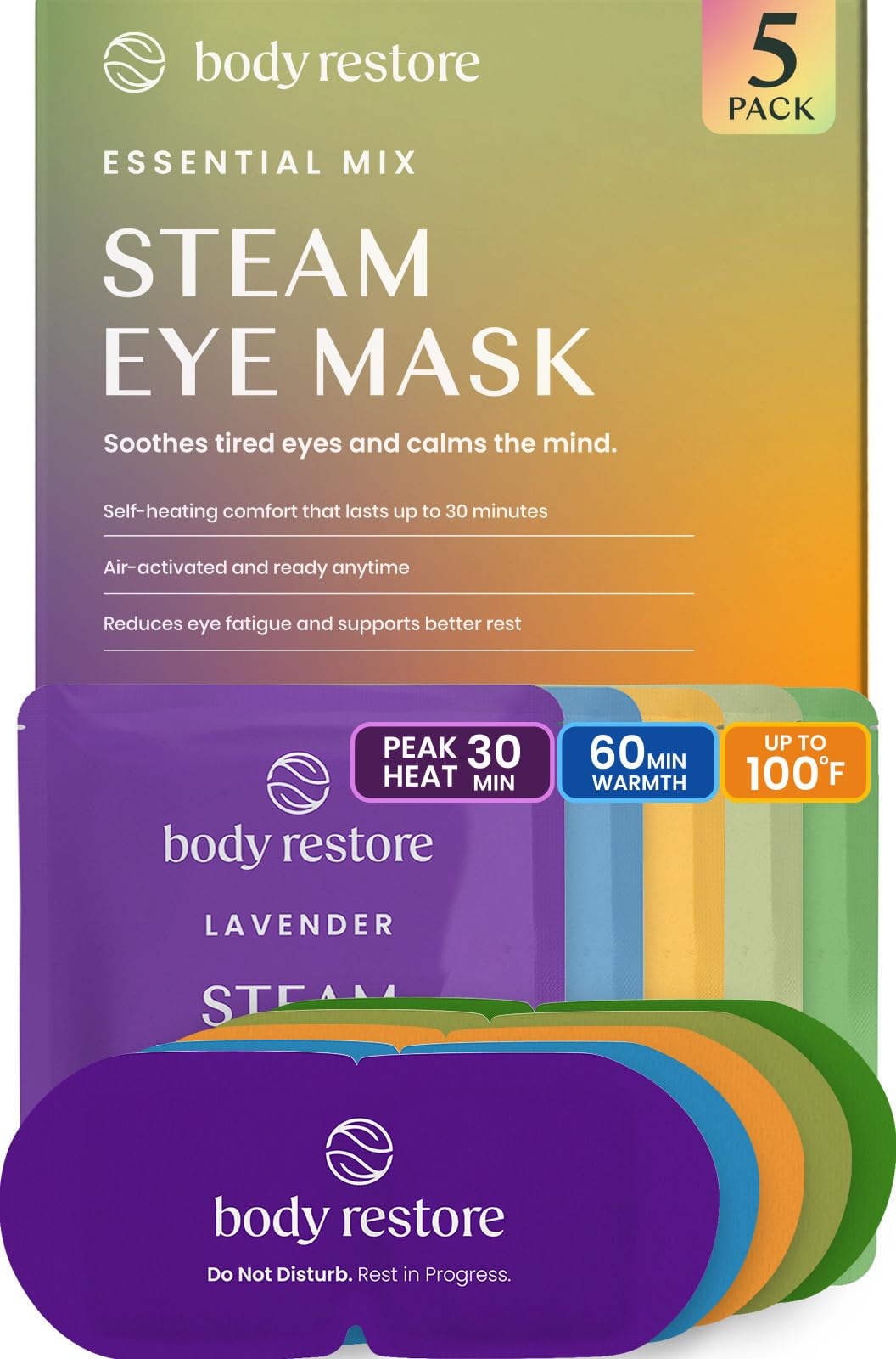 Body Restore Heated Eye Mask Warm Compress for Dry Eyes - Variety 5 Pack | Stocking Stuffers & Birthday Gifts, Self Heating Steam Mask for Fast Relief, Relaxation, Sleep, Spa, Travel, Self Care