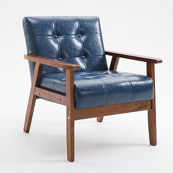 PU Leather Accent Chair, Mid Century Modern Accent Chairs, Faux Leather Accent Chair with Solid Wood Legs for Living Room, Bedroom Blue
