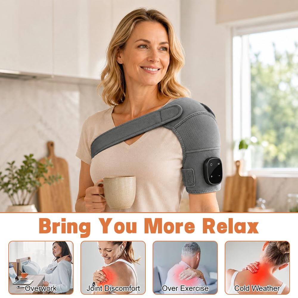 Masseur d'Épaule Sans Fil 5 Niveaux de Chauffage 3 Modes de Vibration Écran Tactile Design Ajustable Portable Gris