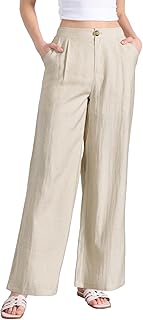 Pantalones casuales de lino para mujer, pierna ancha, cintura alta, botones con bolsillos