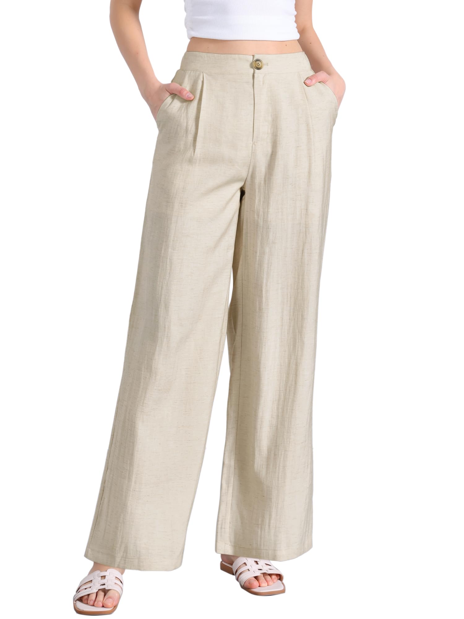 Allegra K Casual Linen Pants for Women Wide Leg High Waist Button Trousers with Pockets