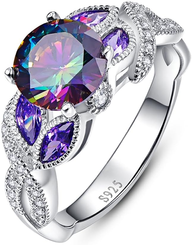 BONLAVIE 3.6ct Women's Round Created Rainbow Topaz Ring Bezel Setting Marquise Fashion Statement Ring 925 Sterling Silver Engagement Rings for Women Best Gift for Mother and Grandma Size 10