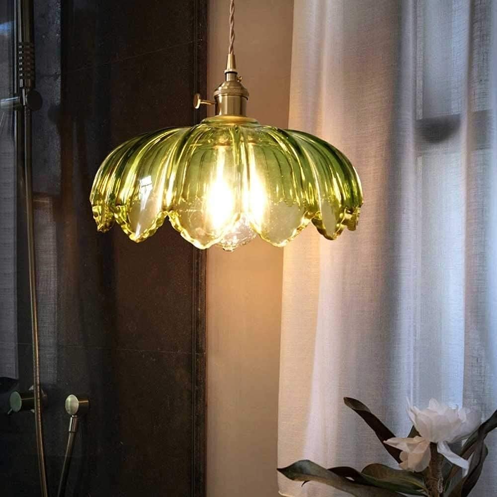 BLOOHK Flower Petal Glass Pendant Light, Vintage Clear Green Hanging Lamp, Retro Single Light Chandelier for Bedroom Bedside Dining Room Kitchen Island