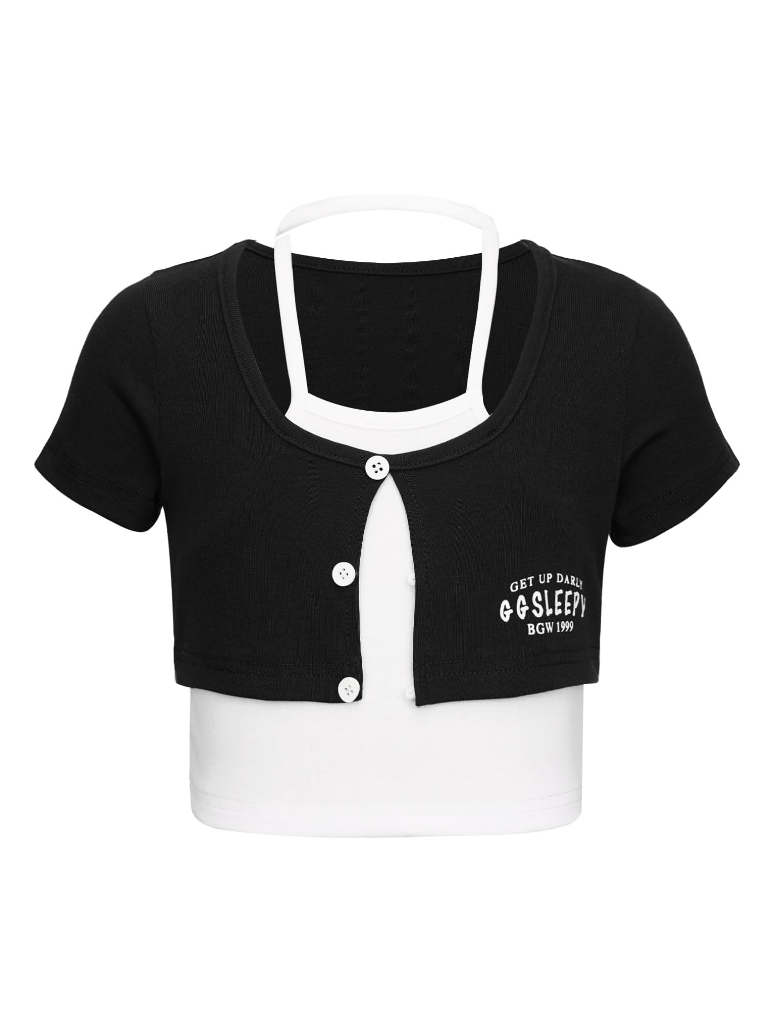 easyforever Kids Girls Color Block Ballet Dance Crop Top Fake Two Pieces Short Sleeve Letter Print Crewneck T-Shirt Black 7-8 Years