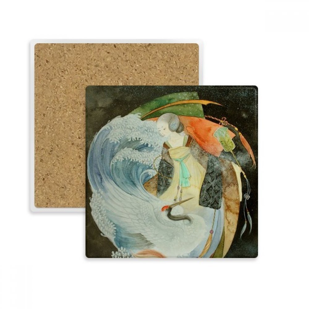 Coaster Grue Blanche en pierre absorbante dessous de verre carré illustration antique