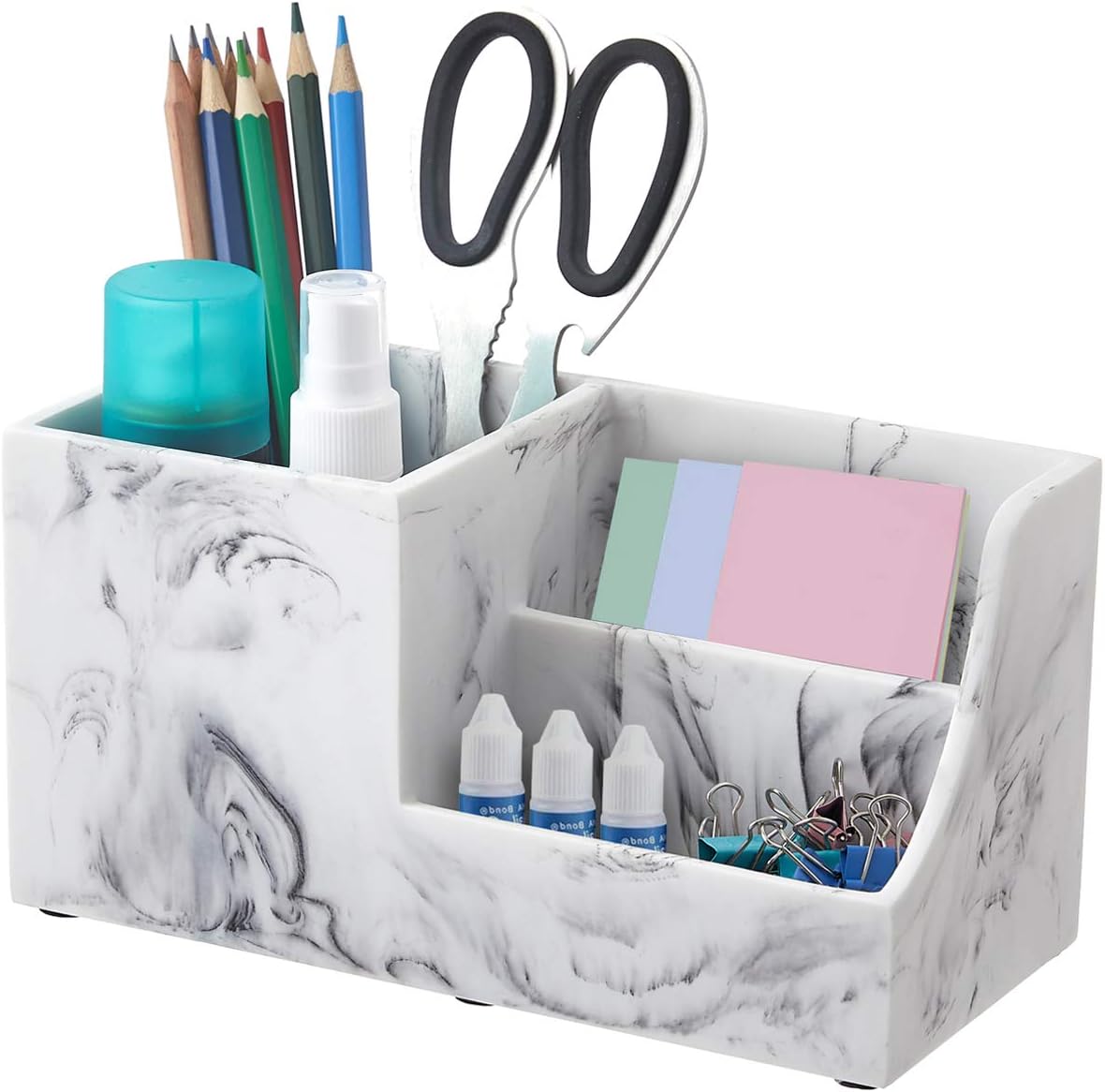 YININE Office Desk Organizer, White Marble Look Desktop Stationery Organizer Office Supplies Caddy Organizer Pencil Holder with Phone Stand Remote Holder for Office Home School College Vanity
