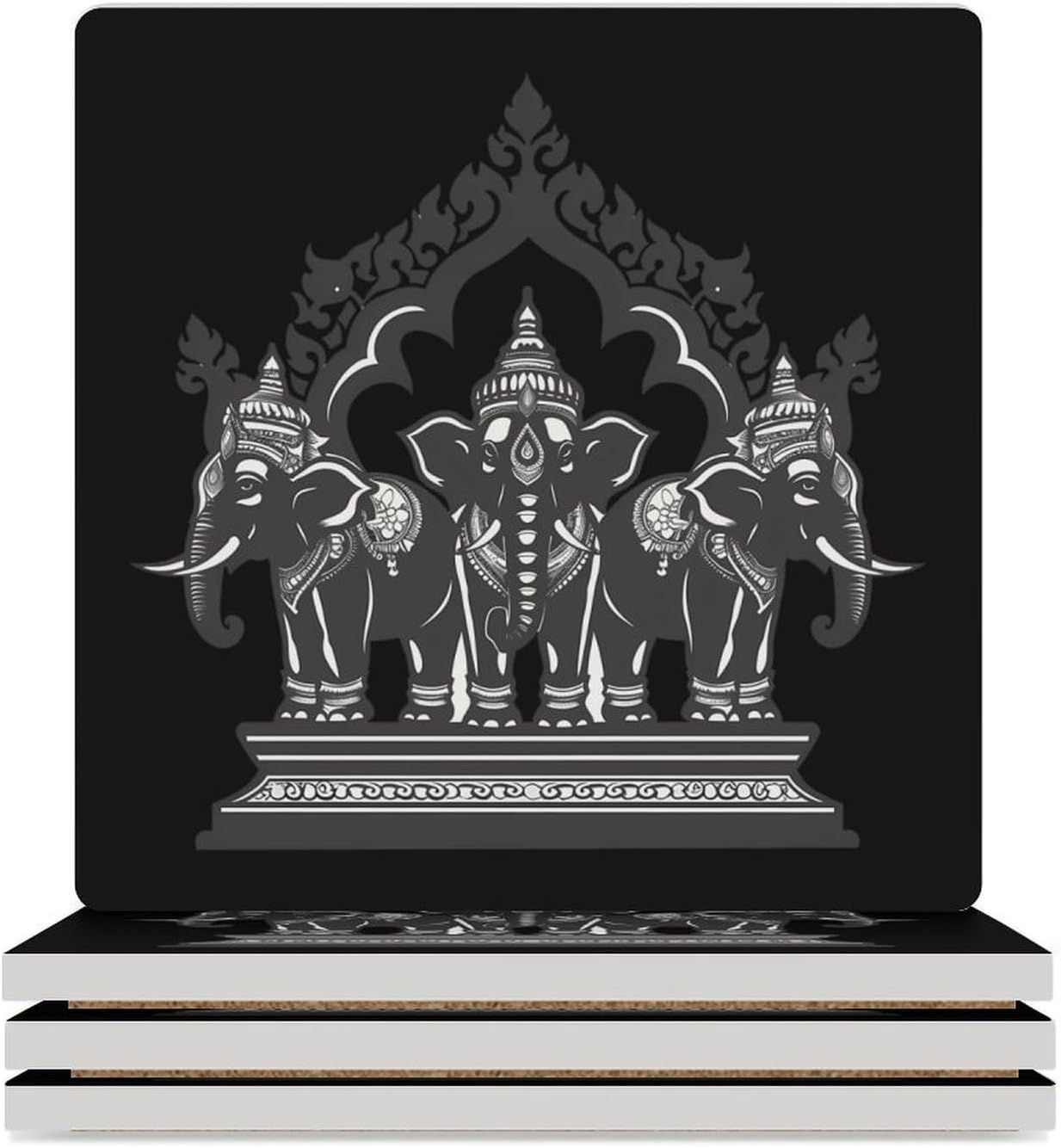 Three Elephants Laos Coaster for Drinks Square Ceramic Table Coasters Stone Mat Crafts 4PCS Home Kitchen Decor