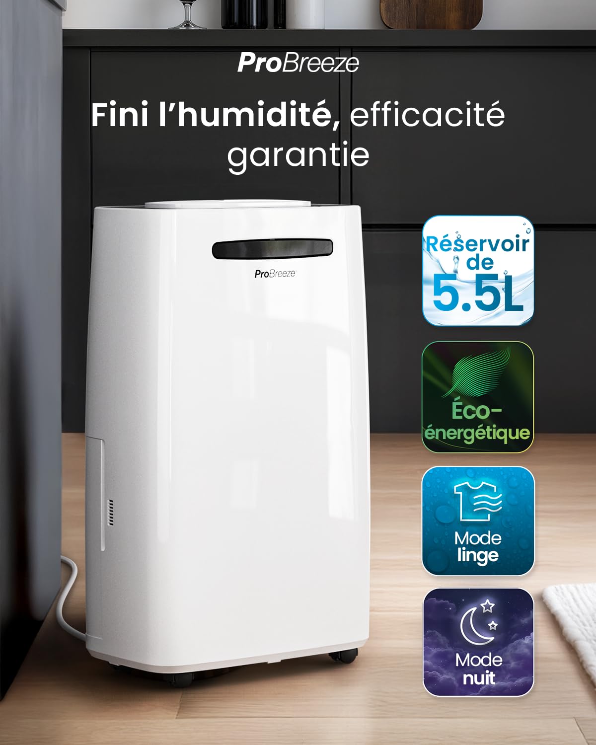Pro Breeze Déshumidificateur d Air 20L/jour - Sèche-linge, Drainage continu, Minuterie 24h, Grand Réservoir 5,5L - Absorbeur d'Humidité Automatiqu, Éliminateur de Moisissure -pièces jusqu'à 53 m²