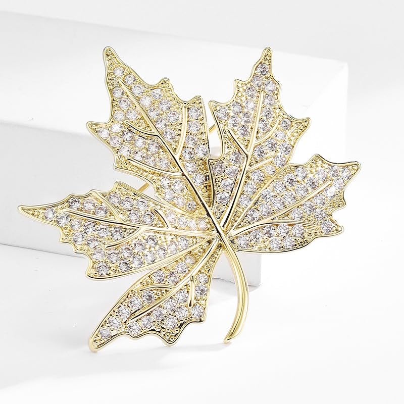 Image of Rhinestone Leaf Brooch Pins - Crystal & Gold-plated Lapel Pin Jewelry for Women - Birthday Gift for Wife or Friends