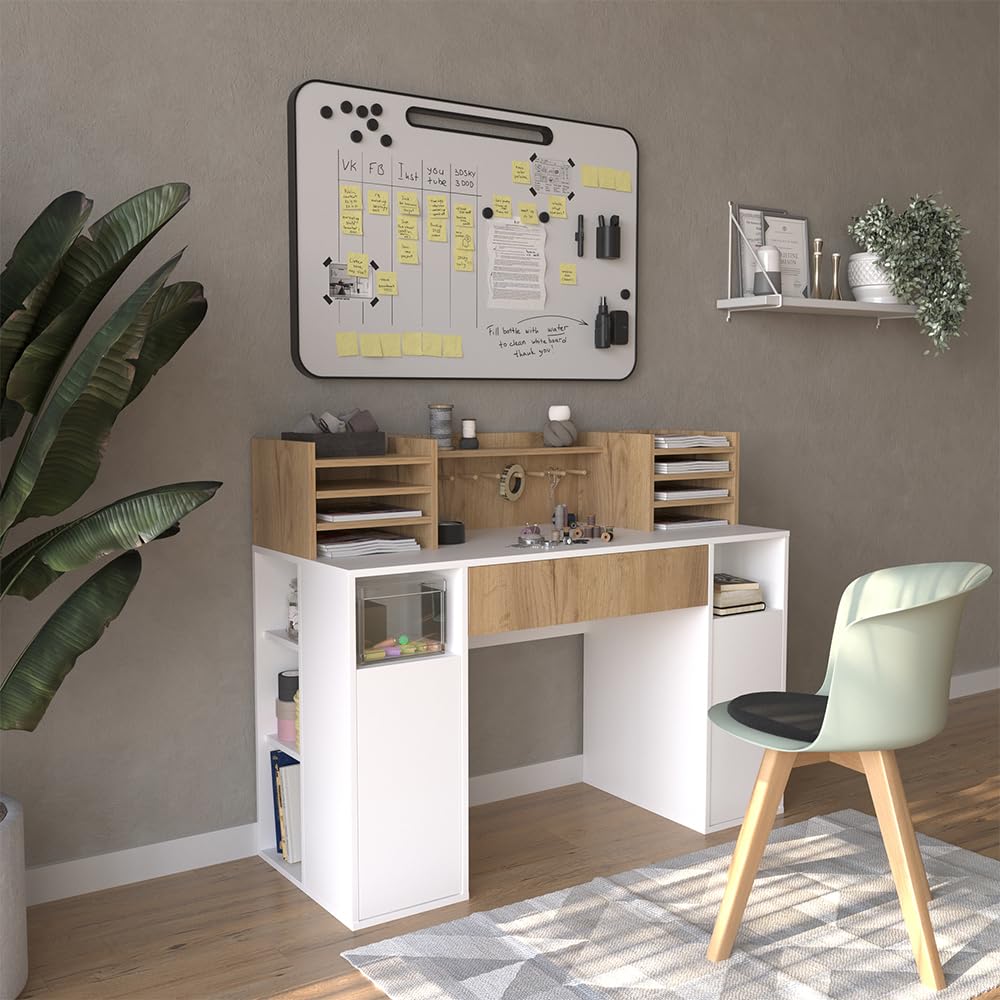 Vicco Bureau, Blanc/Sonoma, 126.8x50cm XL avec étagères, Convient comme Poste de Travail avec Passe-câbles et Surface de Rangement