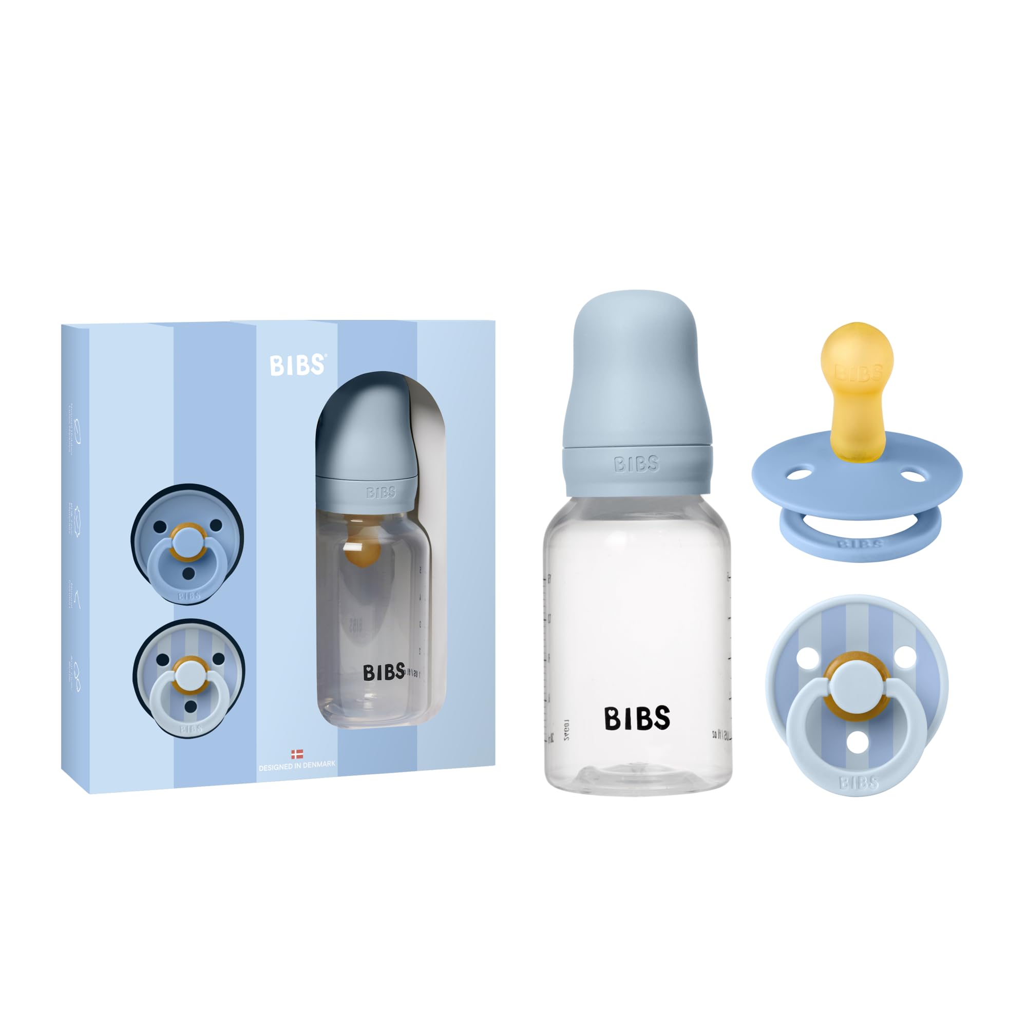 BIBS Baby Gift Set, with a 150 ml Baby Bottle and a 2-Pack of BIBS Colour Dummies, BPA Free Dummy Pacifier with a Latex Round Teat, Designed in Scandinavia, Size 1 (0-6 Months), Baby Blue