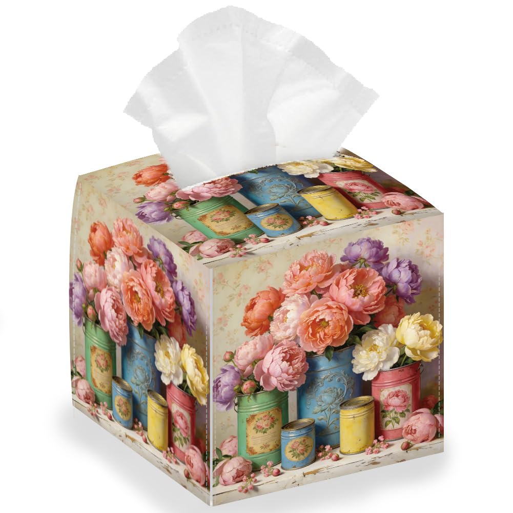 DELORIGIN Retro Canned Peony Tissue Storage Box, Oil Painting Square Foldable Tissue Box Holder Waterproof Leather Paper Towel Case Cover Container Organizer for Bedroom Office Car, 13 * 13 * 13cm