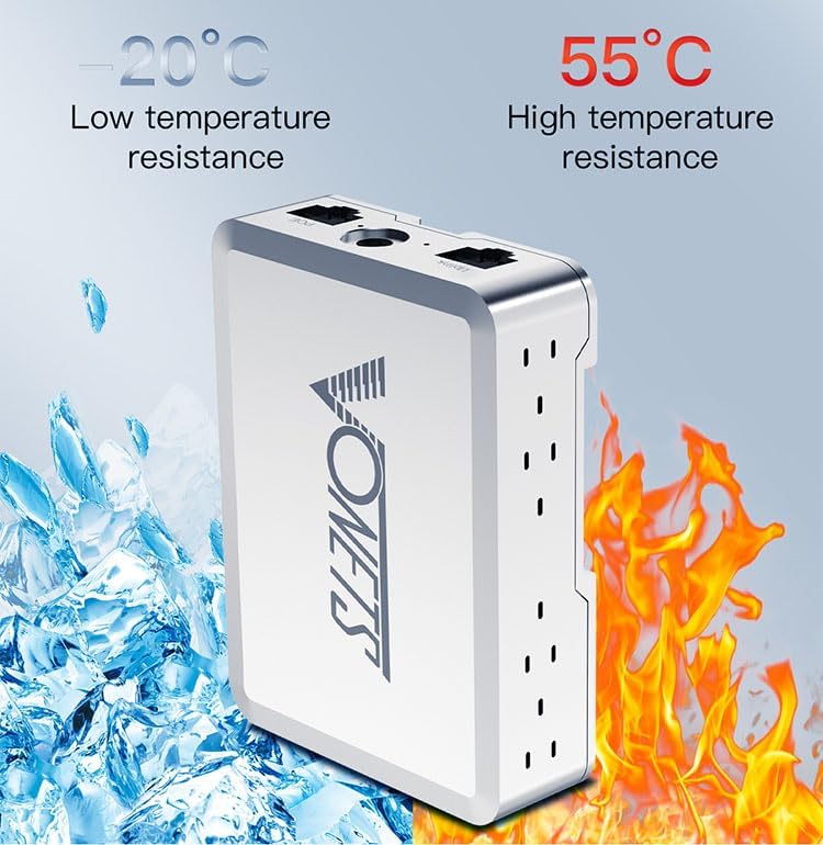 Image illustrating the Vonets VSP500 switch's resistance to both low temperatures (-20°C, depicted with ice) and high temperatures (55°C, depicted with flames).