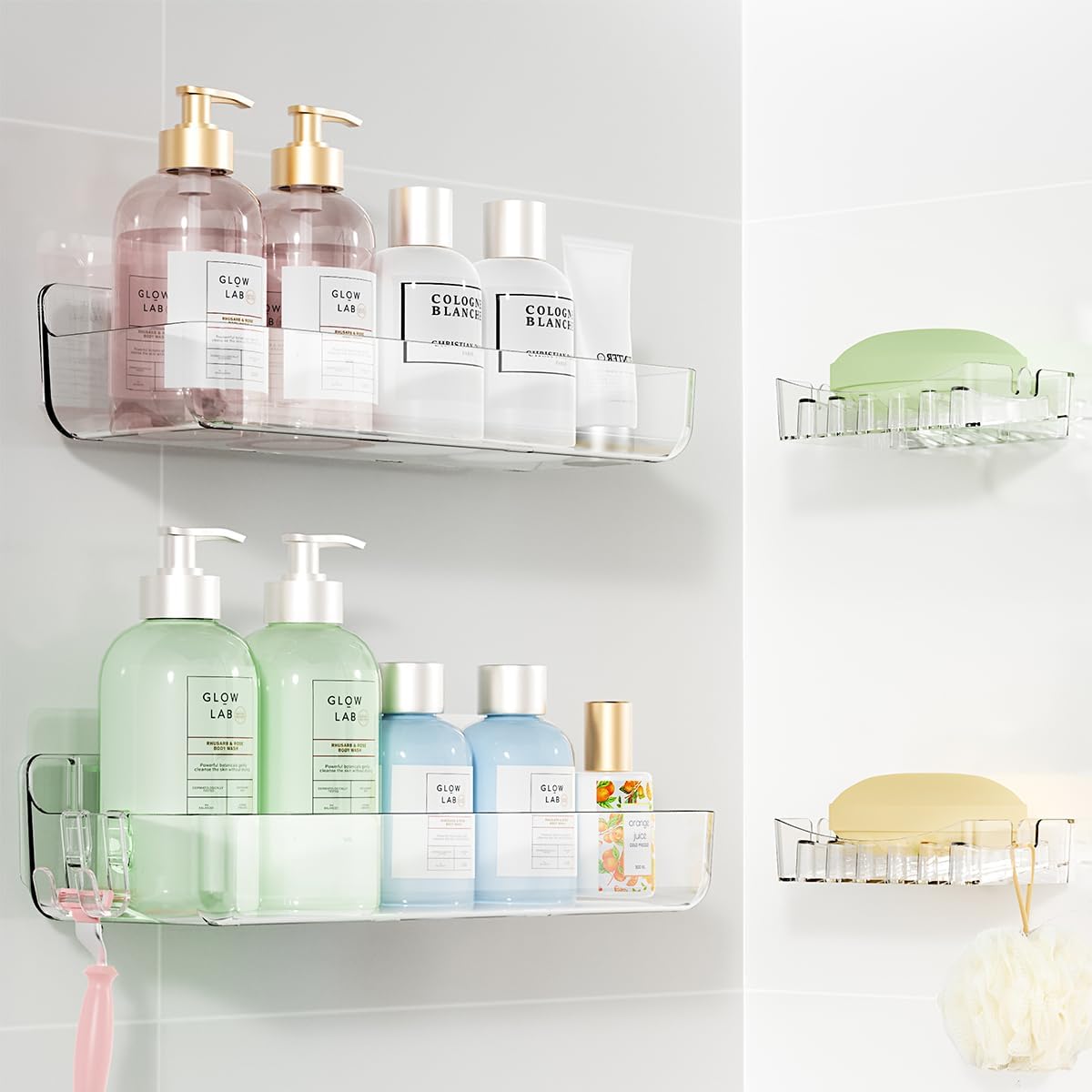 Sotfamily Clear Shower Caddy, Acrylic Wall Mounted Shower Shelves with Soap Dish & Adhesive Pads for Bathroom Organizers and Storage, No Drill Shower Caddies for Bathroom Decor