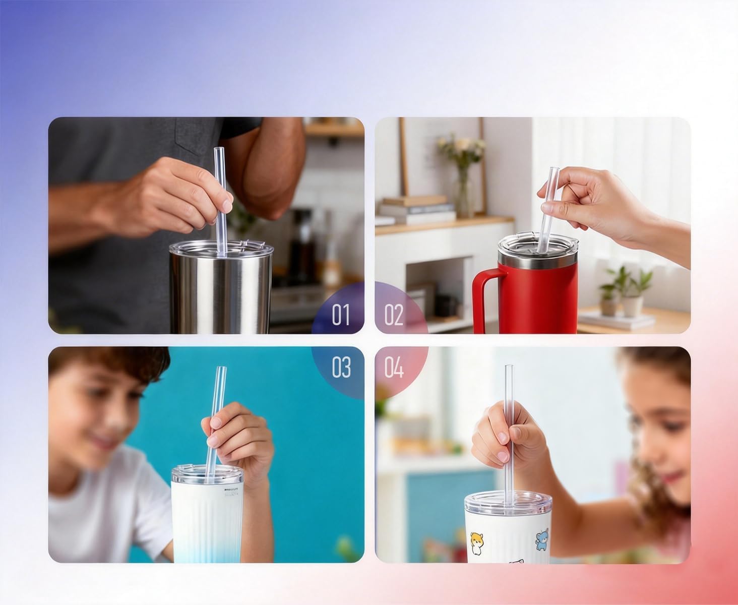 6 Pcs 12" Tumbler Straws, Clear Striped, BPA Free