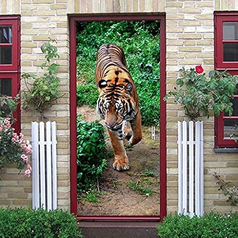 JFEDMN 3D Door Mural Bush Animal Tiger Art Door Stickers for Interior Doors, Bedroom Living Room Bathroom Murals Decoration 82X200Cm Home Decoration Poster Wall Art Murals Decals Cover