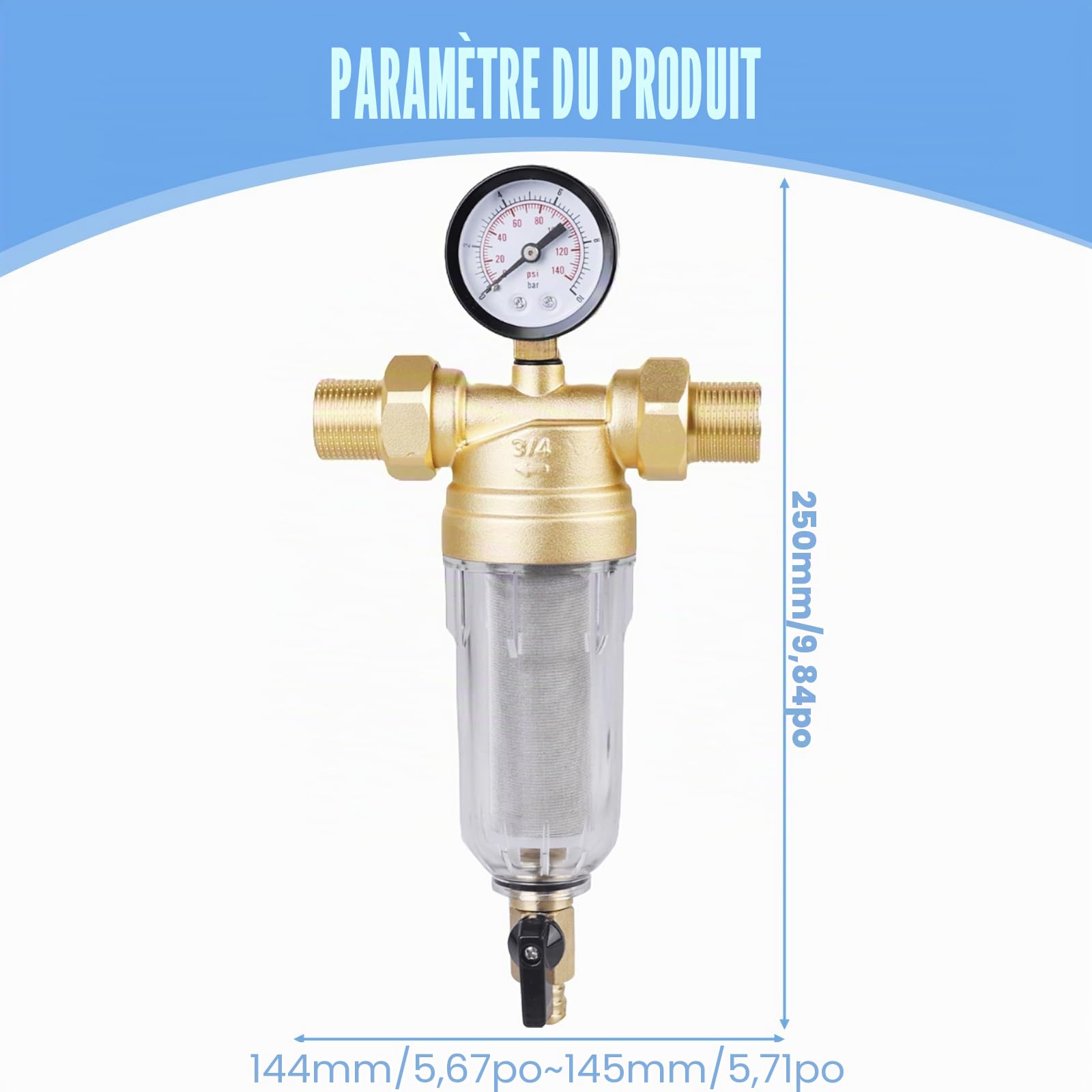 Filtre à eau réutilisable : filtre à eau de 2,5 cm, filtre à eau, pré-filtre à sédiments, combinaison de filtres avec adaptateur 3/4", pré-filtre lavable pour raccordement à la maison de la