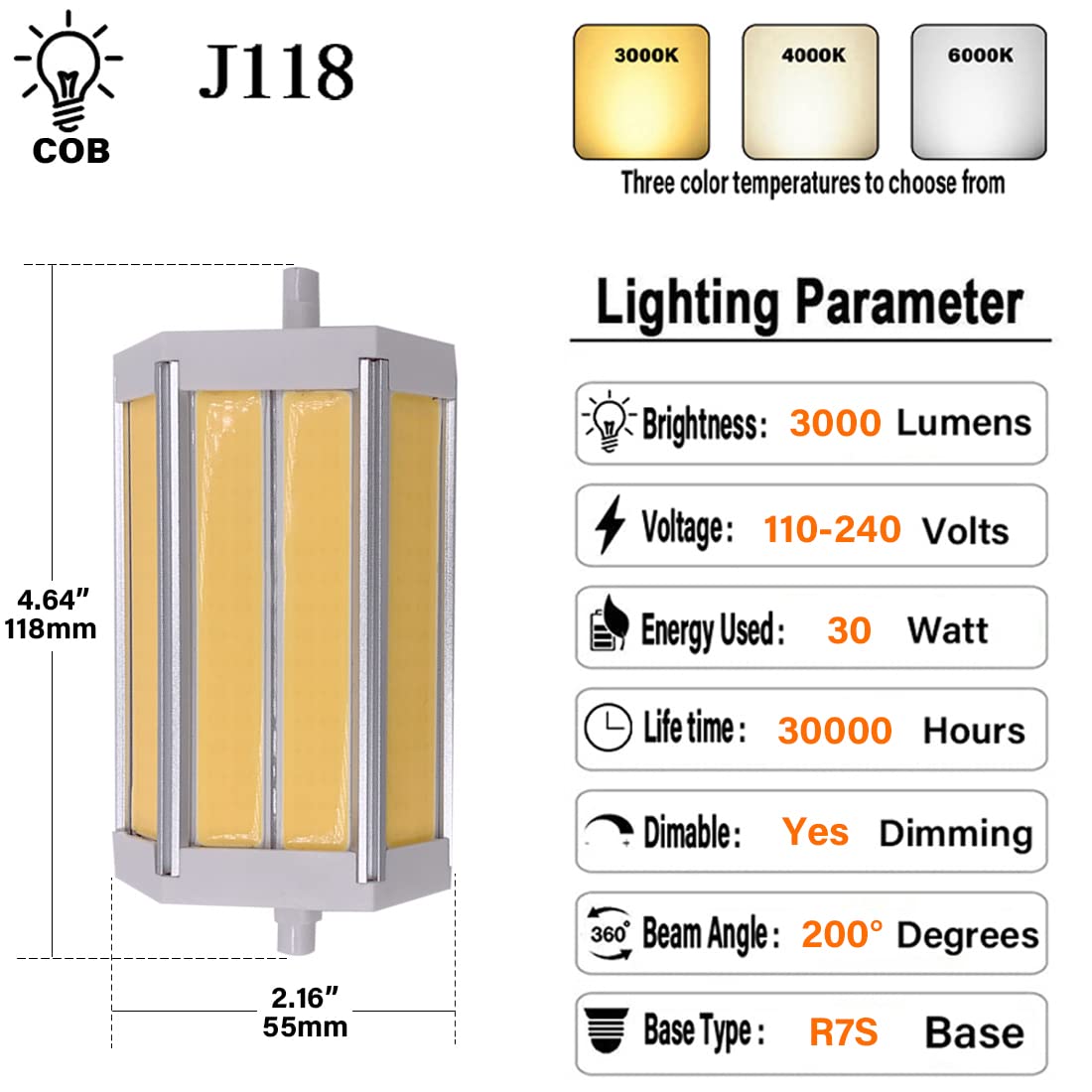Ampoule LED R7S 118 Mm, Équivalent 300 W, Culot R7S 30 W, Ampoule COB À Double Culot J118, Intensité Variable 3 000 LM，Warm White 3000k