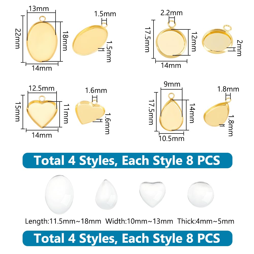UNICRAFTALE Set 32 Pezzi Ciondolo In Acciaio Inossidabile con 4 Stili - Rotondo, Ovale, Cuore, Goccia con Lunetta Vuota e Cabochon In Vetro - Base Dorata