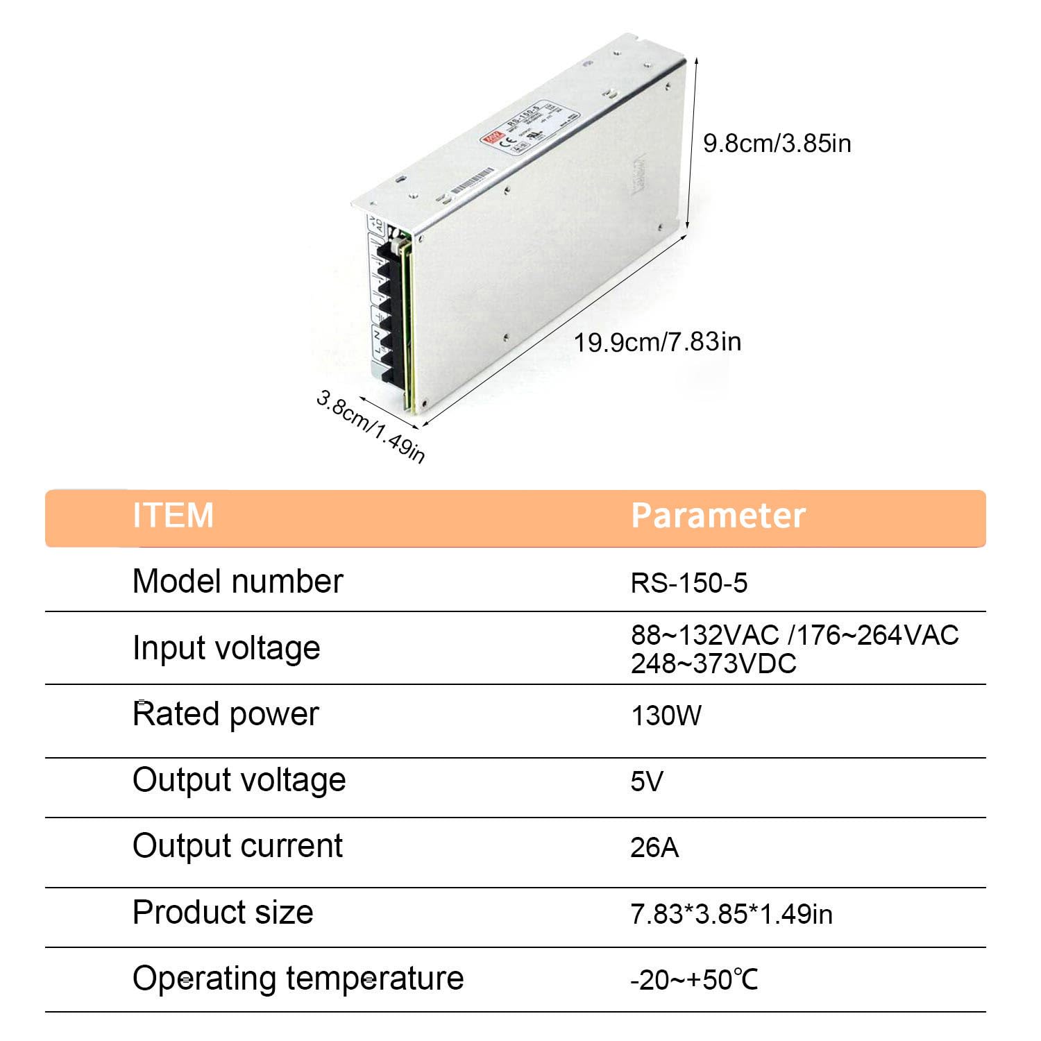 RS-150-5 5V 26A 130W Alimentatore - Pronto per la casa intelligente, affidabile ed efficiente, protezione multipla, ingresso da 88-264VAC o 248-373VCC, ideale per dispositivi e