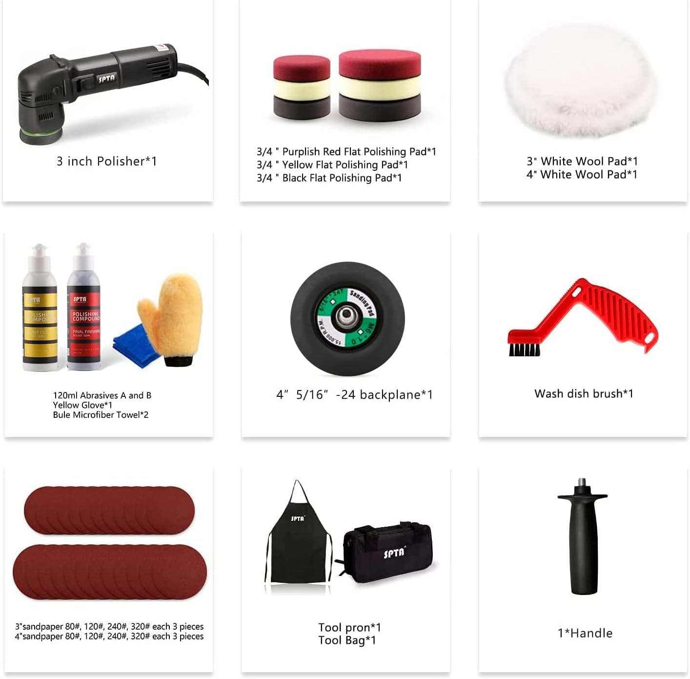 SPTA Polisseuse de polissage, 7,6 cm, 10 mm/780 W, vitesse variable, outil de nettoyage automatique à double action avec tampons de polissage DA, disques de ponçage, brosse de conditionnement