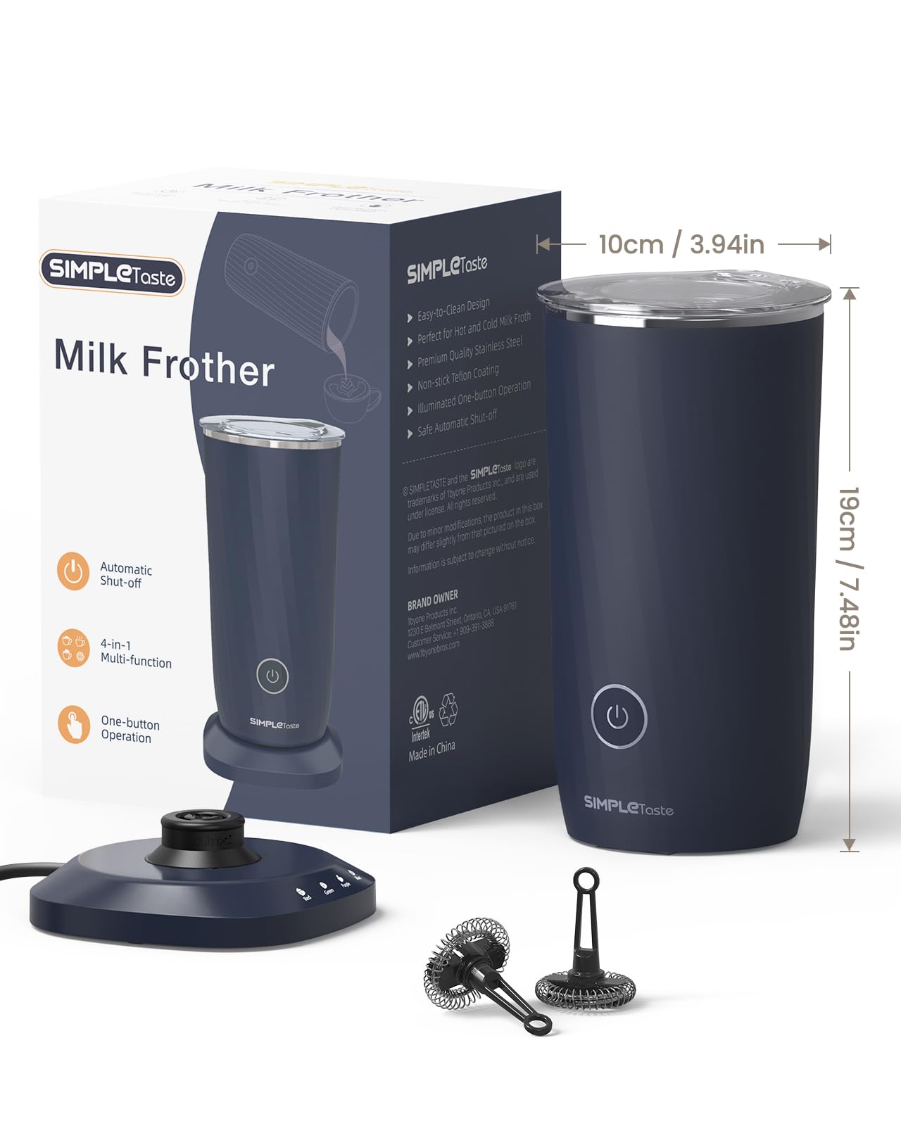 SIMPLETASTE Mousseur à Lait Électrique 4-en-1 Mousse Chaude & Froide Chauffage du Lait & Cacao Revêtement Antiadhésif Arrêt Automatique Silencieux pour Cappuccino & Latte Bleu Foncé