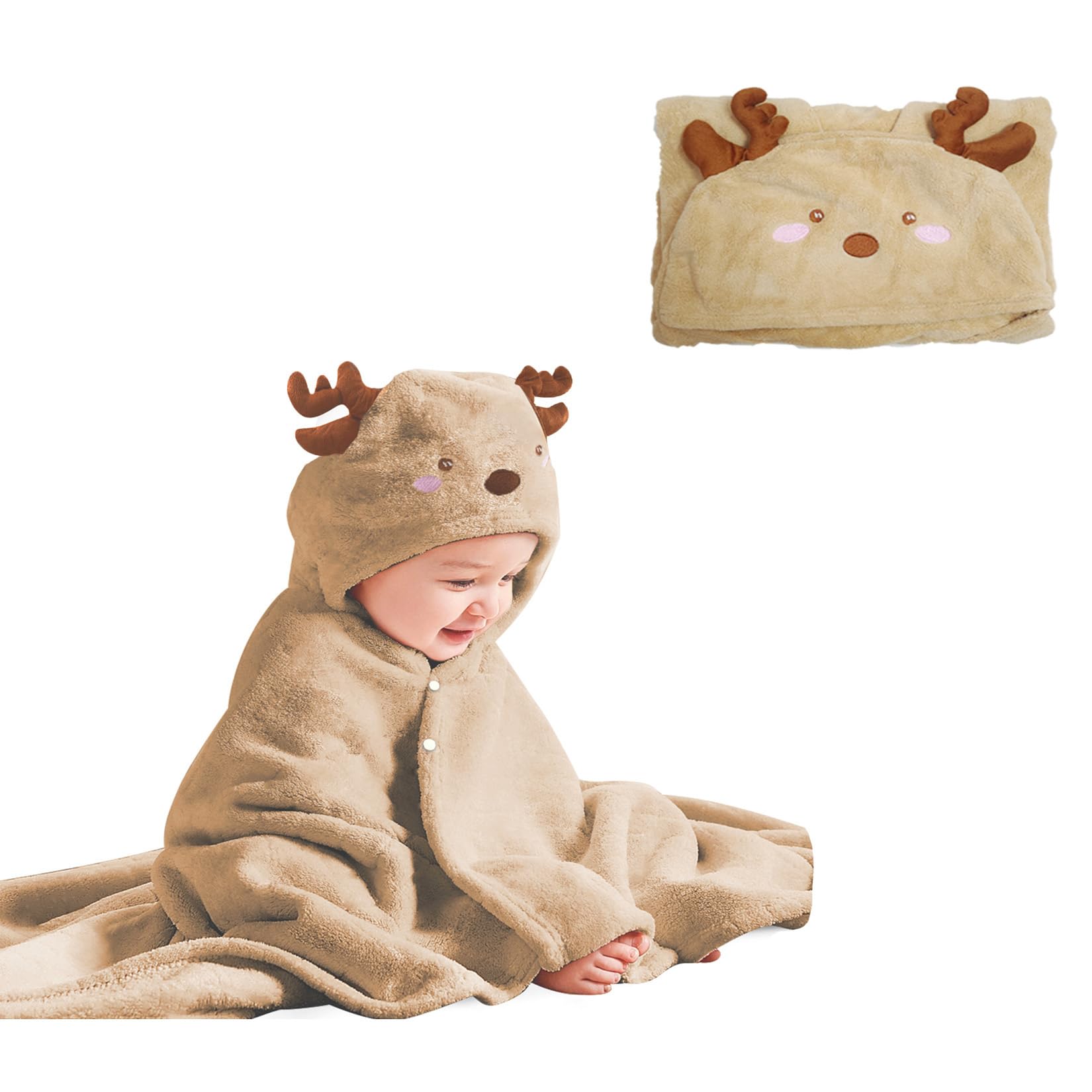 IFaryMes Toddler Bath Towel Baby Towels with Hood 27.5"X55" Ultra Absorbent Soft Bathrobe Blanket Kids Shower Towel for Girls and Boys(Beige Deer)