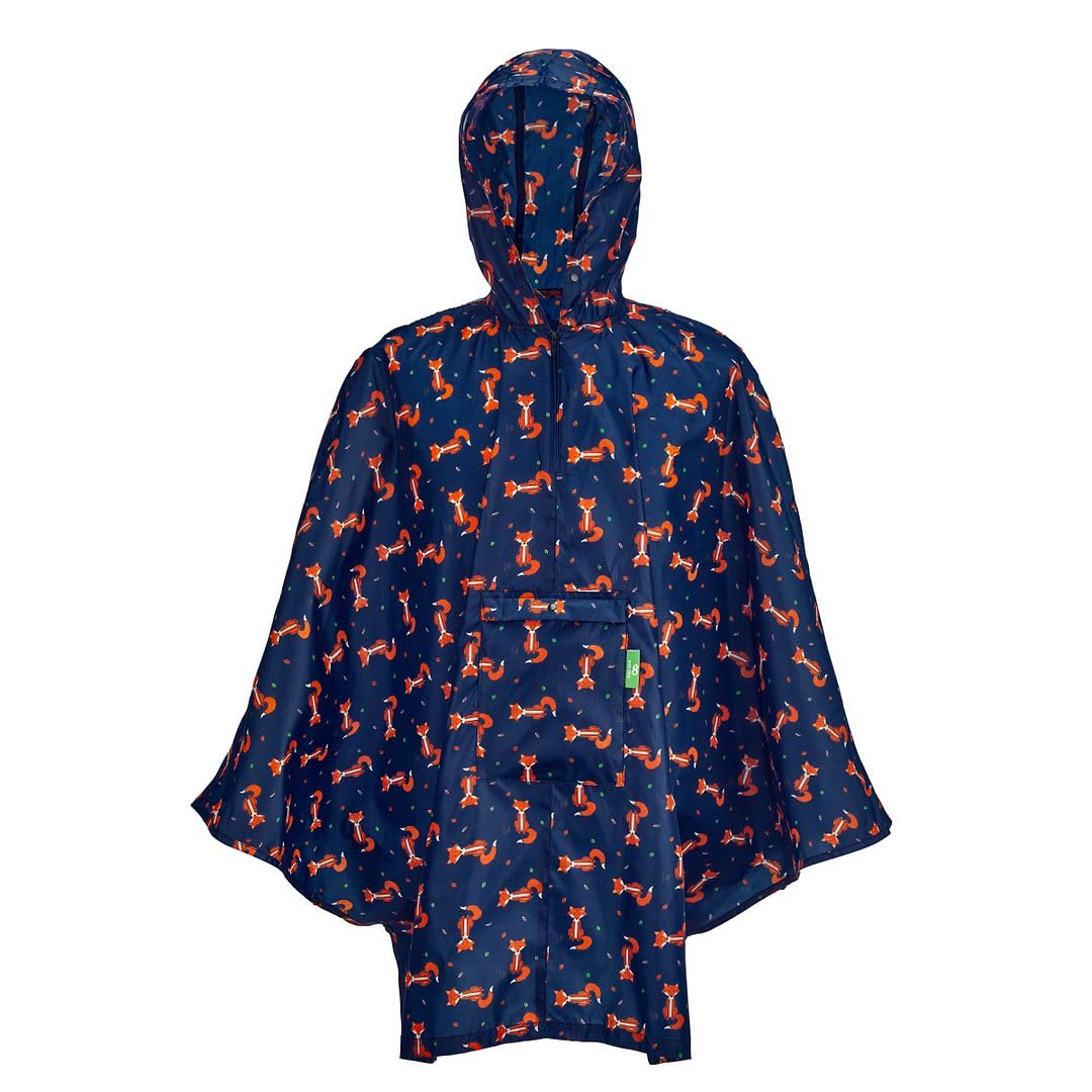 Eco Chic Unisex Foxes Navy Waterproof Foldable Adult Poncho Lightweight Reusable Raincoat With Hood (Foxes Navy)