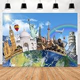 Yieldeer Global Travel Photo Backdrop World Map Wall Tapestry Famous Landmark Photography Background Around The World Themed Birthday Party Decorations Banner, 7x5ft