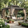 10'X13' Hardtop Gazebo, Galvanized Steel Aluminum Frame with Double Roof, Heavy-Duty Outdoor Patio Gazebo with Curtains & Netting for Backyard, Deck, Porch, Garden, Lawn, Khaki