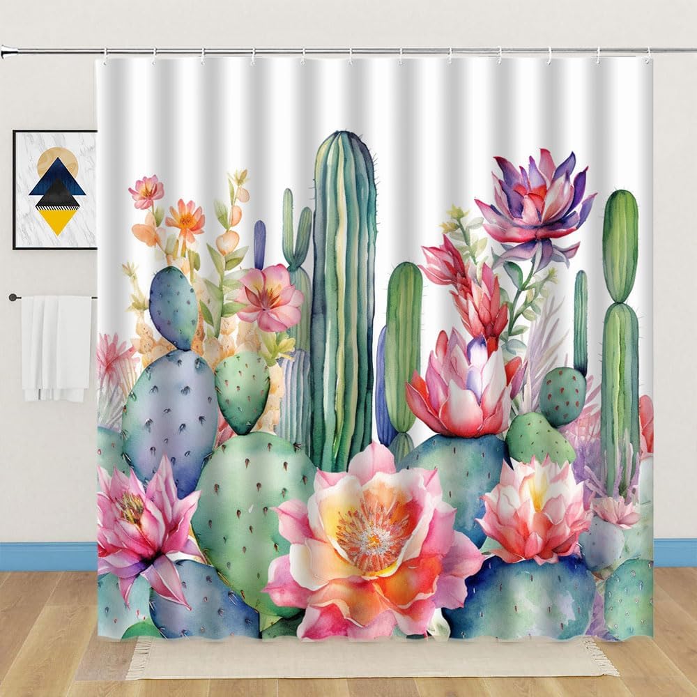 Cactus Shower Curtain Cacti Desert Succulent Tropical Flower Green Plants Bathroom Decor Fabric Curtains with Hook