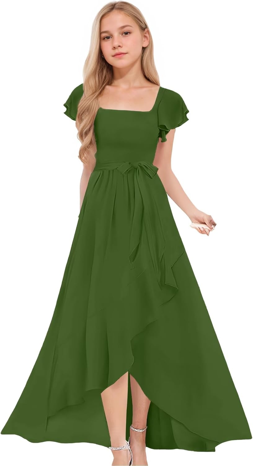 Junior Bridesmaid Dresses Teens Short Sleeve Chiffon Flower Girl Dress for Wedding Guest Formal Dress 2-14