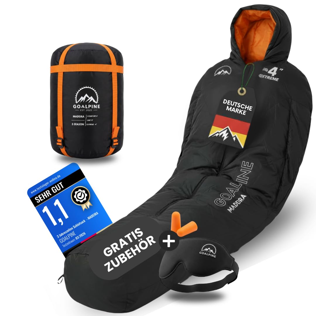 GOALPINE® Madeira Schlafsack für große Personen | 4 Jahreszeiten | mit Armöffnung | 400 GSM 0-10 Grad Komfort | wasserabweisend | kleines Packmaß | Atmungsaktiv | Mumienschlafsack | Trekking
