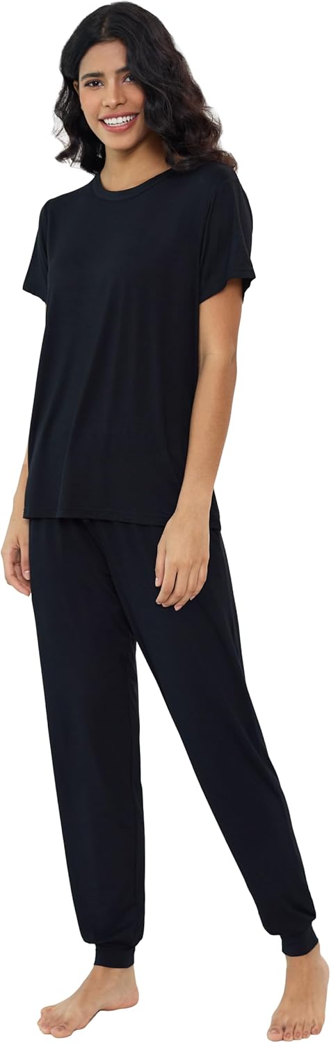 Joyaria Women's Bamboo Viscose Pajamas Short Sleeve Round Neck Top & Jogger Pajama Pants with Pocket S-XXL - Image 3