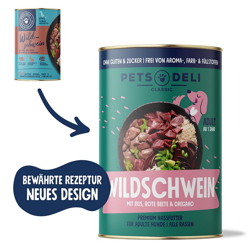 Pets Deli Nassfutter für Hunde mit Wildschwein mit Reis, Sellerie, Rote Bete und Oregano ohne Zucker und Gluten 6 x 800g