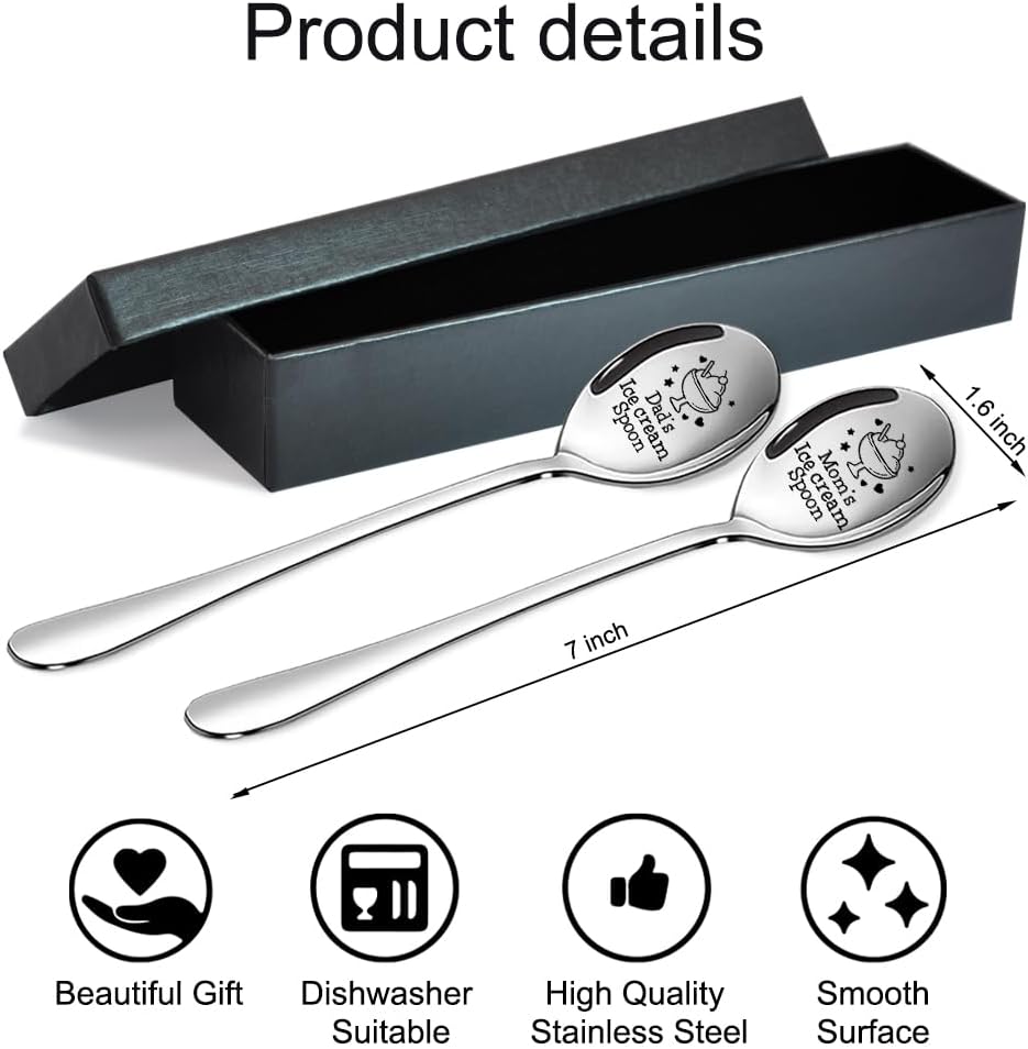 Dad's & Mom's Ice Cream Spoons Engraved Spoon Set, Funny Anniversary Wedding Gifts for Parents, Cute Gelato Design Engraved for Having Tea and Coffee, Christmas Gifts for Mom Dad - Image 2
