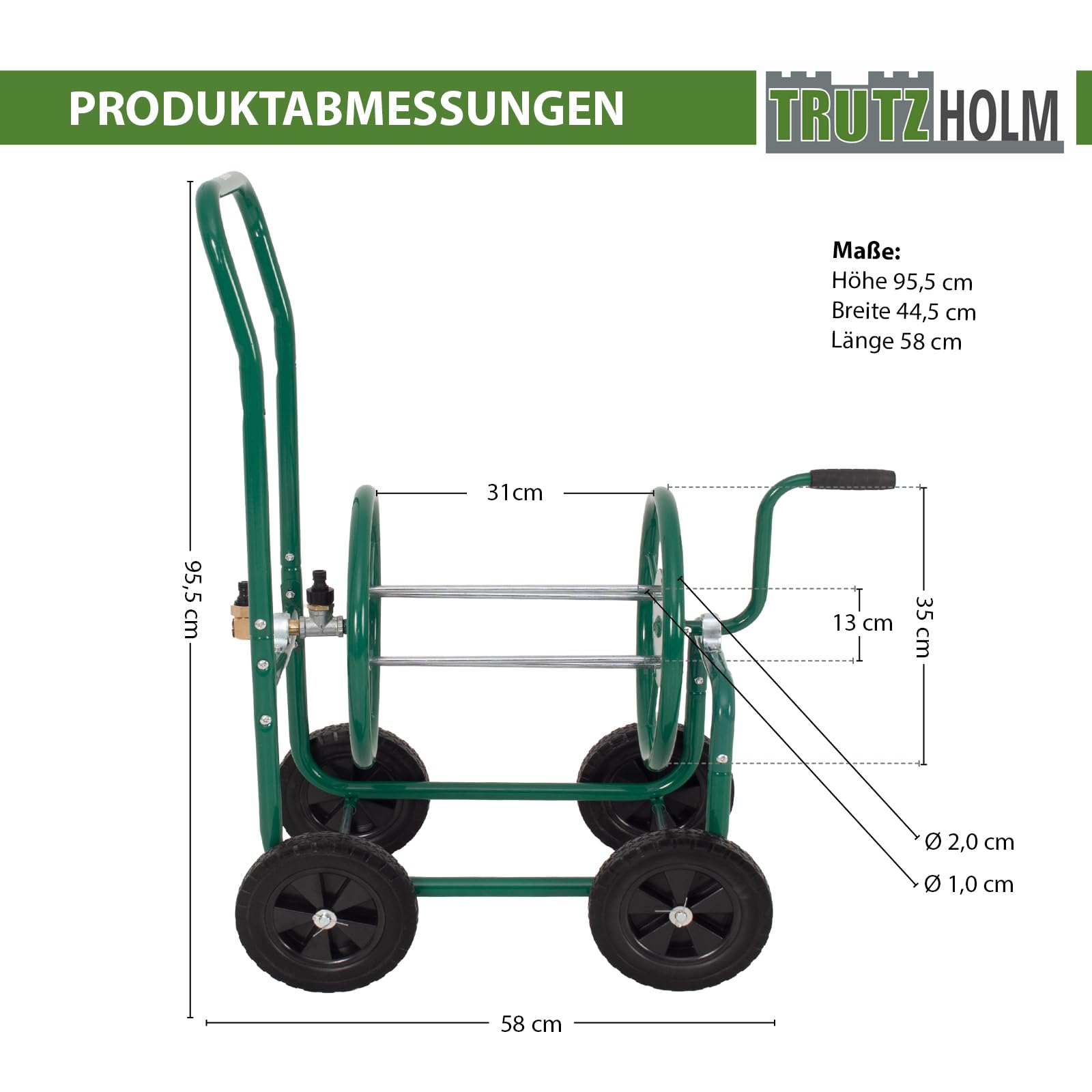 TRUTZHOLM Schlauchwagen Basic 4 Räder 95,5 x 58 cm Stahl, für 50 m Gartenschlauch 3/4" Anschluß grün