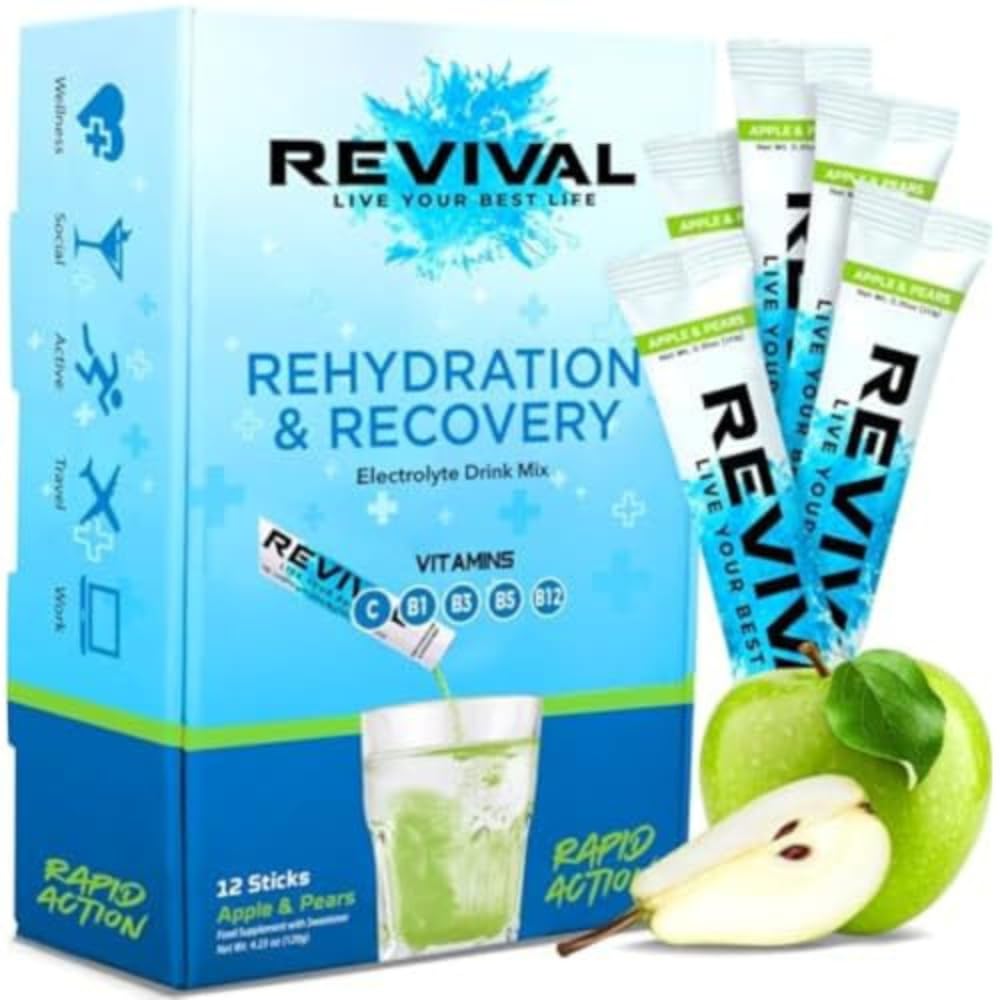 Revival Rapid Rehydration, Electrolytes Powder - High Strength Vitamin C, B1, B3, B5, B12 Supplement Sachet Drink, Effervescent Electrolyte Hydration Tablets - 12 Pack Apple Pear